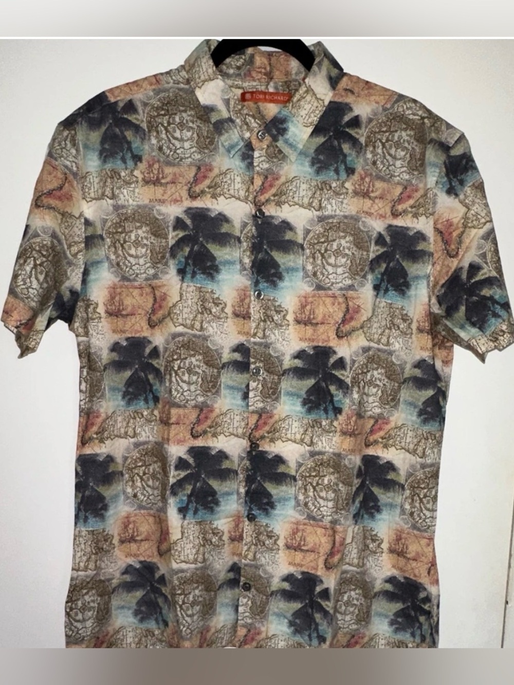 Tori Richard Short-Sleeve Tropical Print Shirt in Blue, Brown, Cream Fall
